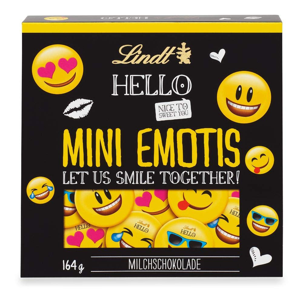 Asortiment de ciocolată (37 bile LINDOR, 24 bețișoare Hello Mini, 10 Mini Fioretto), cadou de ciocolată (1 x 815 g) și HELLO Mini Emoti, ciocolată cu lapte în 5 modele de emoticonuri, 164 g