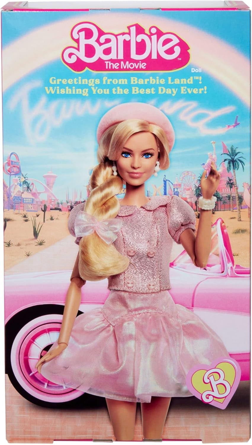 Păpușa Barbie The Movie, bazată pe film, Margot Robbie în rolul lui Barbie, figurină de colecție în bluză roz și fustă de tul, cu coafură stilizată și bijuterii asortate, JBJ53