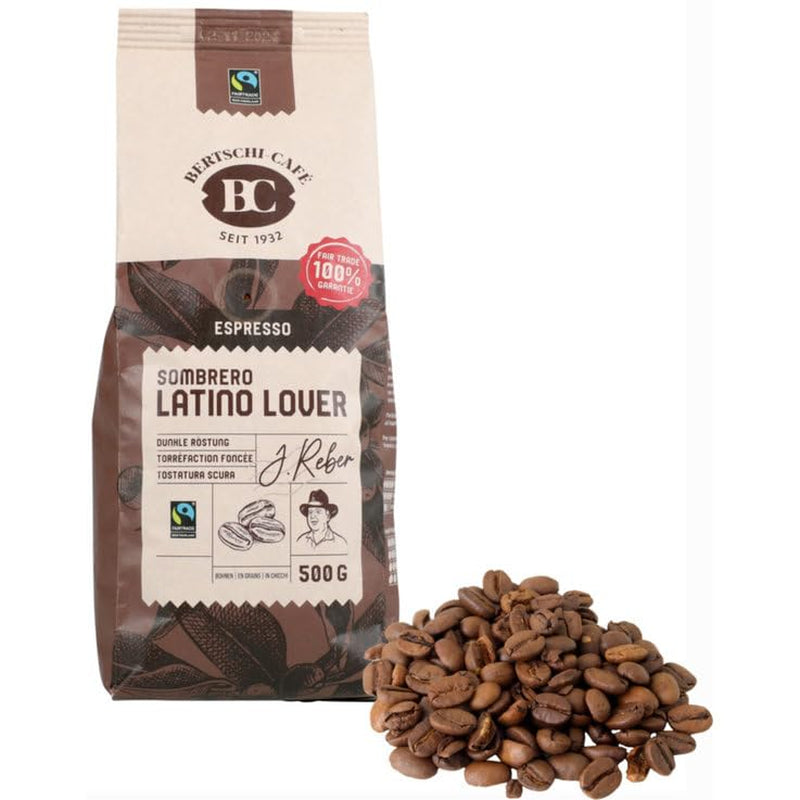 Sombrero Latino Lover 500g boabe întregi, prăjire intensă, 50% Arabica/50% Robusta, aromă fructată-nucioasă-picantă, Fairtrade