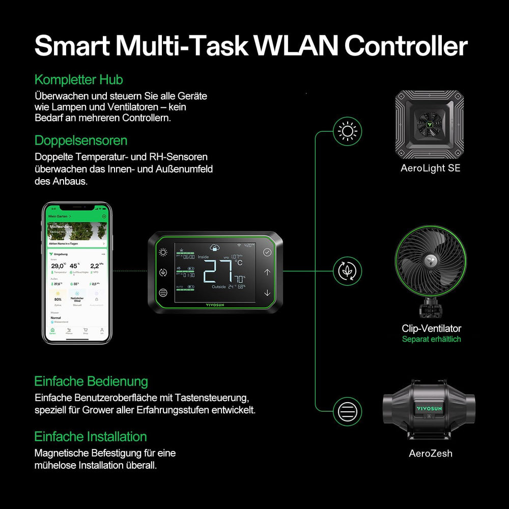 Sistem inteligent de creștere VIVOSUN cu lampă LED AeroLight A100SE de 100 W cu ventilator de circulație integrat, ventilator de conductă AeroZesh T4 de 100 mm de 357 m³/h și controler GrowHub E42A pentru corturi de creștere și cultivare în interior