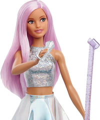 Păpușa Barbie Pop Star îmbrăcată într-o fustă strălucitoare, cu microfon și păr roz, cadou pentru copii de la 3 la 7 ani, JCW42, Dazzling Papusi Naty Shop