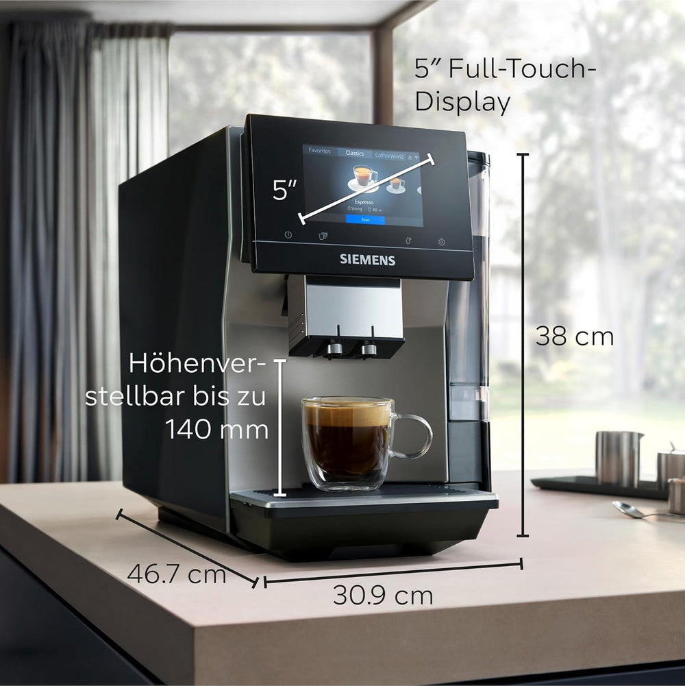 Espressor automat Siemens EQ700 classic TP715D01, control prin aplicație, preparare la rece, afișaj tactil intuitiv, până la 10 creații individuale de cafea ca favorite, curățare automată cu abur, 1500 W, gri-argintiu