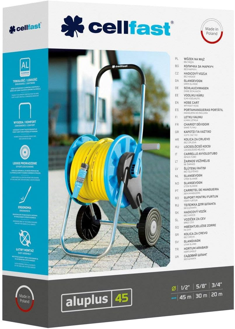 CELLFAST Cărucior pentru furtun de grădină Rolă pentru furtun cu 2 roți Înfășurator pentru furtun de grădină rezistent la coroziune Previne îndoirea furtunului 1/2" 45 m Aluplus