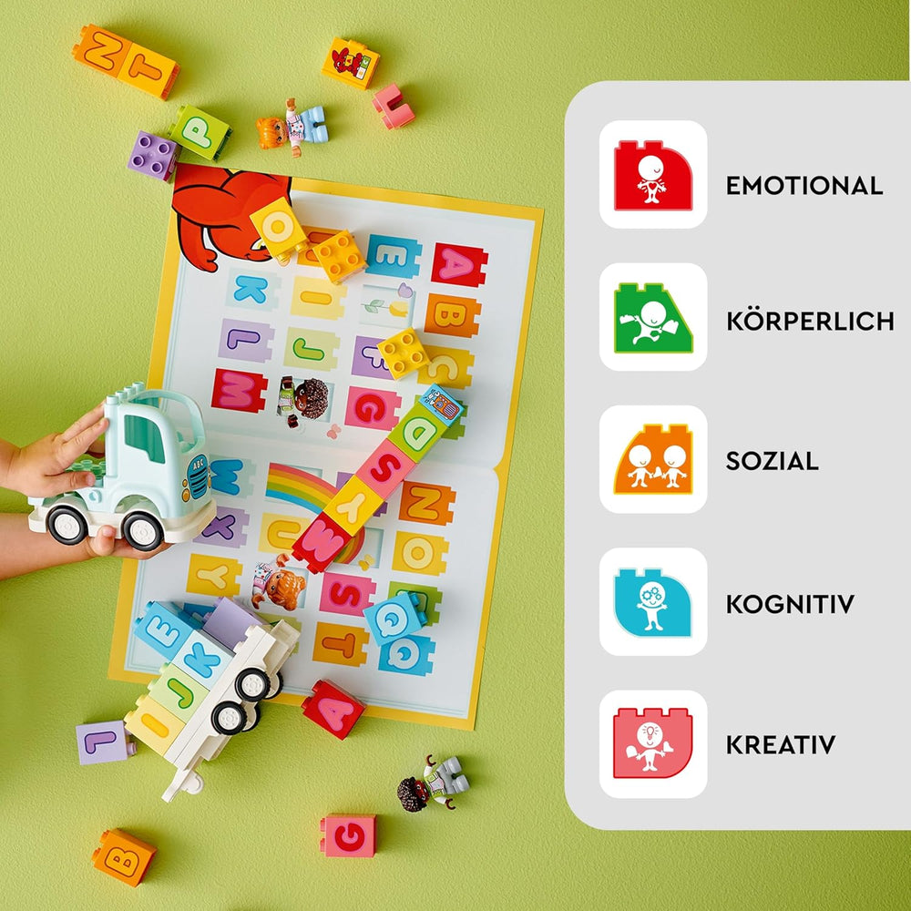 LEGO DUPLO Town ABC-Lastwagen, Lernspielzeug für Kleinkinder ab 2 Jahren, ABC-LKW-Spielzeug mit Anhänger und Buchstaben-Steinen, plus Figuren eines Jungen und eines Mädchens, Geschenk für Kinder 10421