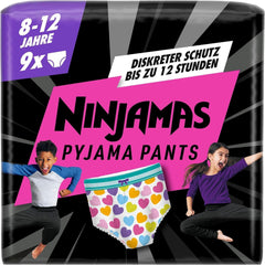 Pantaloni de pijama cu inimioare, 9 chiloți absorbanți de noapte, 8 ani, 27 kg-43 kg, protecție împotriva scurgerilor pentru întreaga noapte