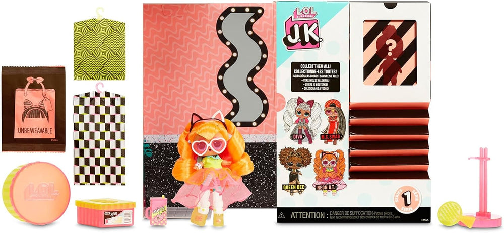 LOL Surprise! 570776E7CAZ JK Mini Păpușă la Modă - 15 Surprize, Haine și Accesorii - Articole de Colecție - Neon QT