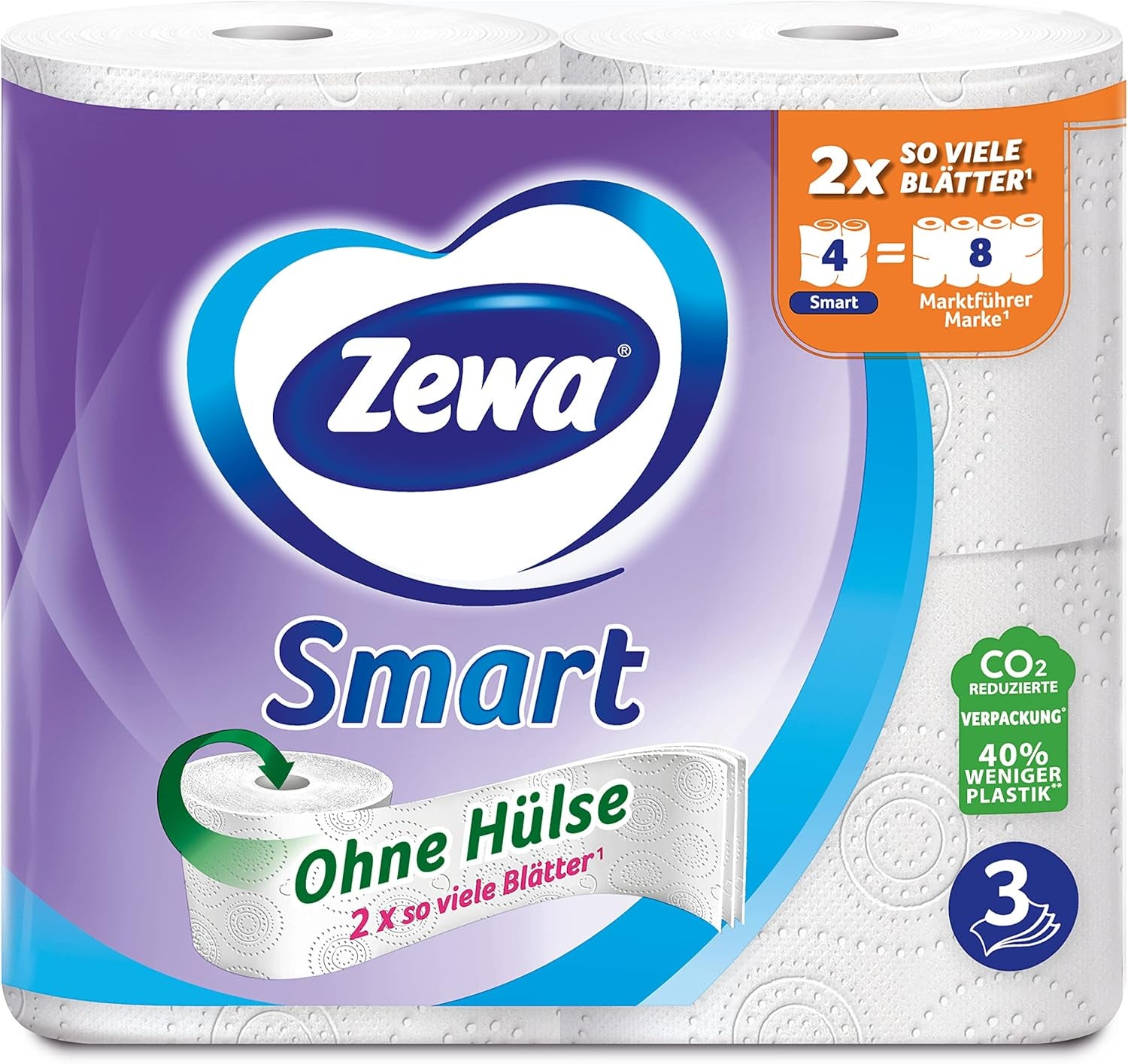 Hârtie igienică Zewa Smart fără manșon, pachet vrac cu 48 de role (6 X 8 X 300 coli)