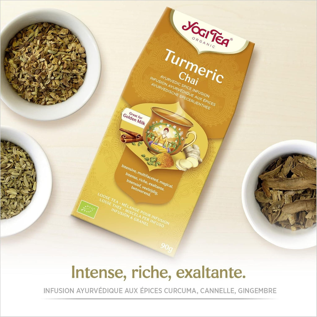 Yogi Tea - Kurkuma Chai, ceai ayurvedic organic cu mirodenii, fără cofeină, amestec de curcuma, scorțișoară și ghimbir, ceai Yogi vrac, pachet de 8 x 90 g (720 g), ideal ca cadou