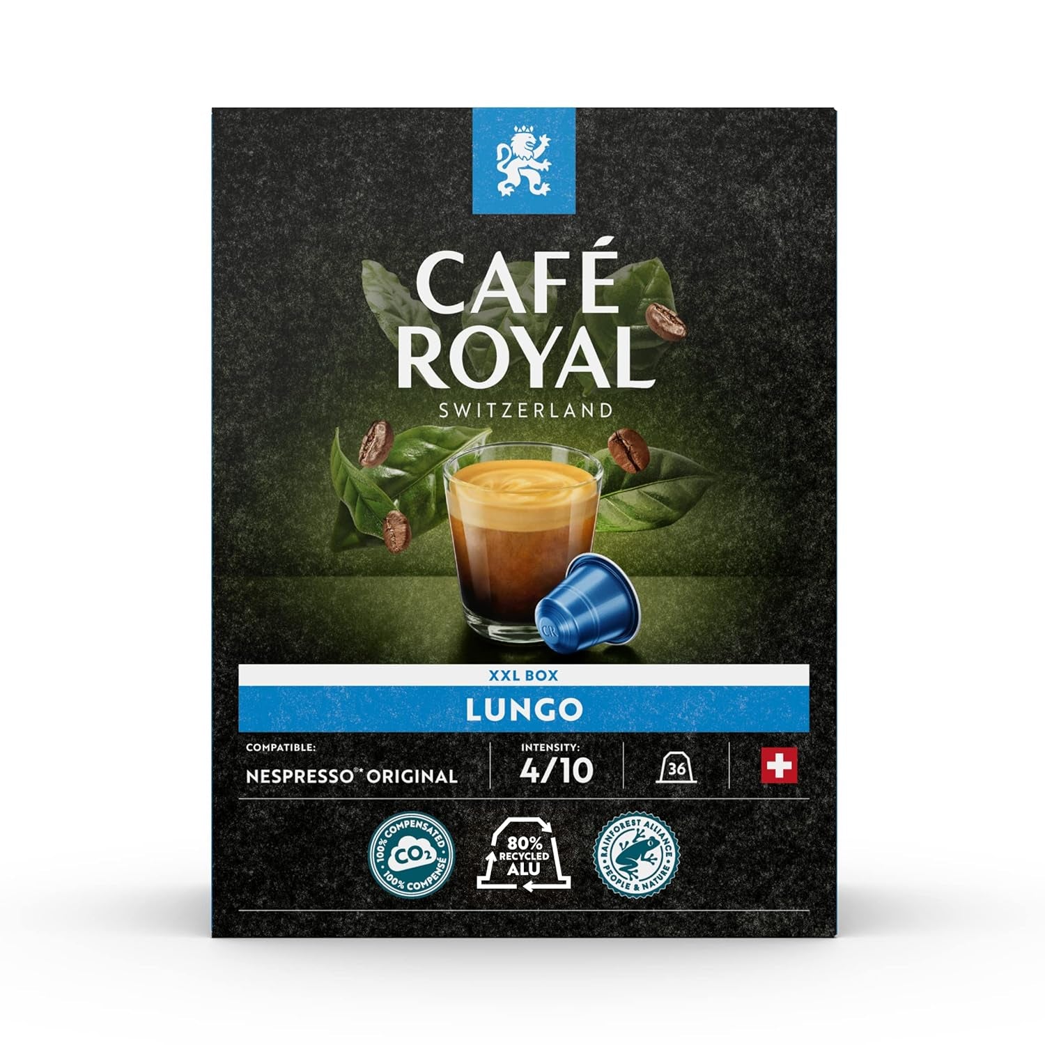 Café Royal Dark Chocolate Flavoured 100 Kapseln für Nespresso Kaffee Maschine - 4/10 Intensität - UTZ-zertifiziert, aus Aluminium & Lungo 36 Kapseln für Nespresso Kaffee Maschine - 4/10 Intensität