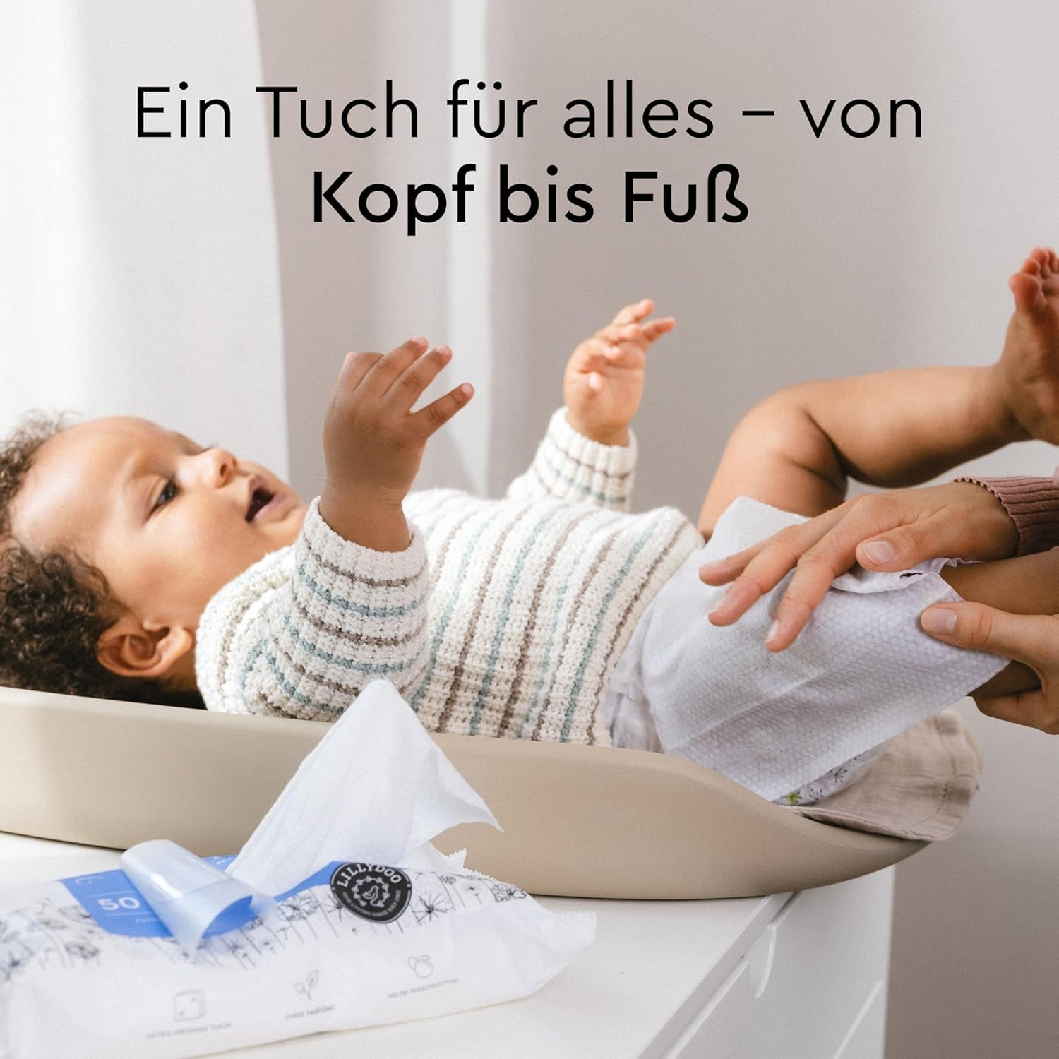 Șervețele umede LILLYDOO, 50 de bucăți, 100% fără plastic, șervețel extra mare, fără parfum