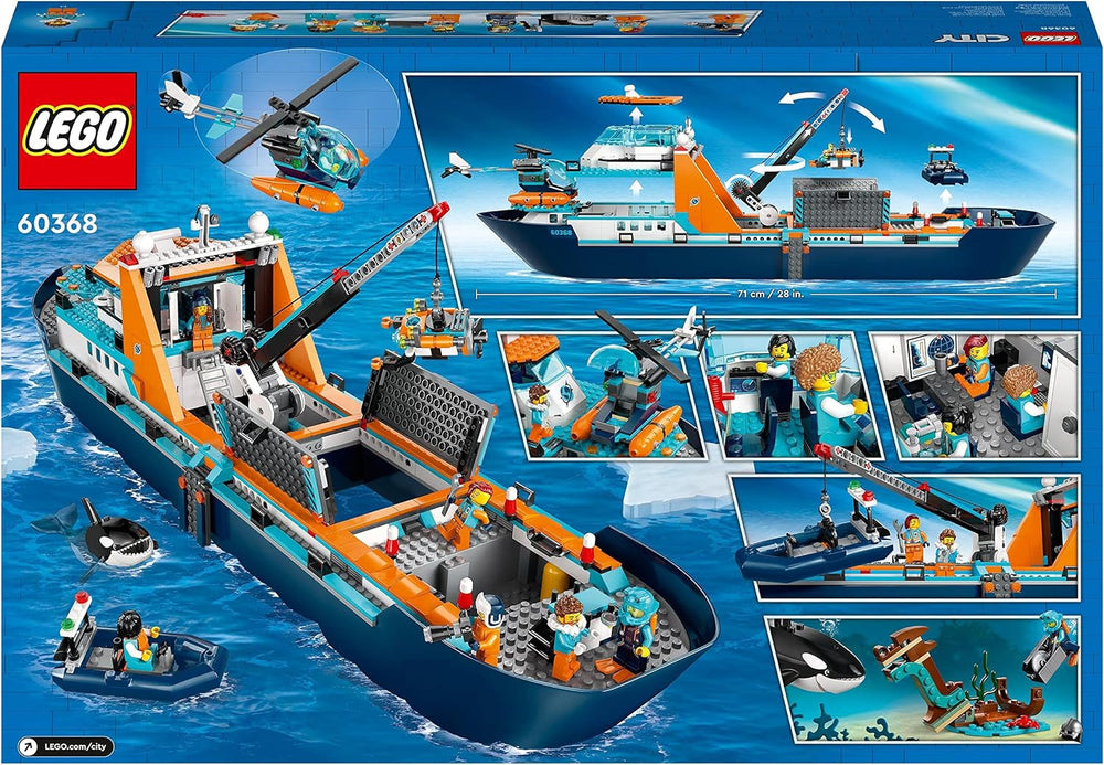 LEGO City Arctic Research Ship, barcă mare de jucărie plutitoare cu elicopter, barcă pneumatică, submarin Rov, epavă vikingă, 7 minifigurine și figură Orca, cadou pentru copii cu vârsta de 7+ 60368 Seturi de constructie Besuche den LEGO-Store