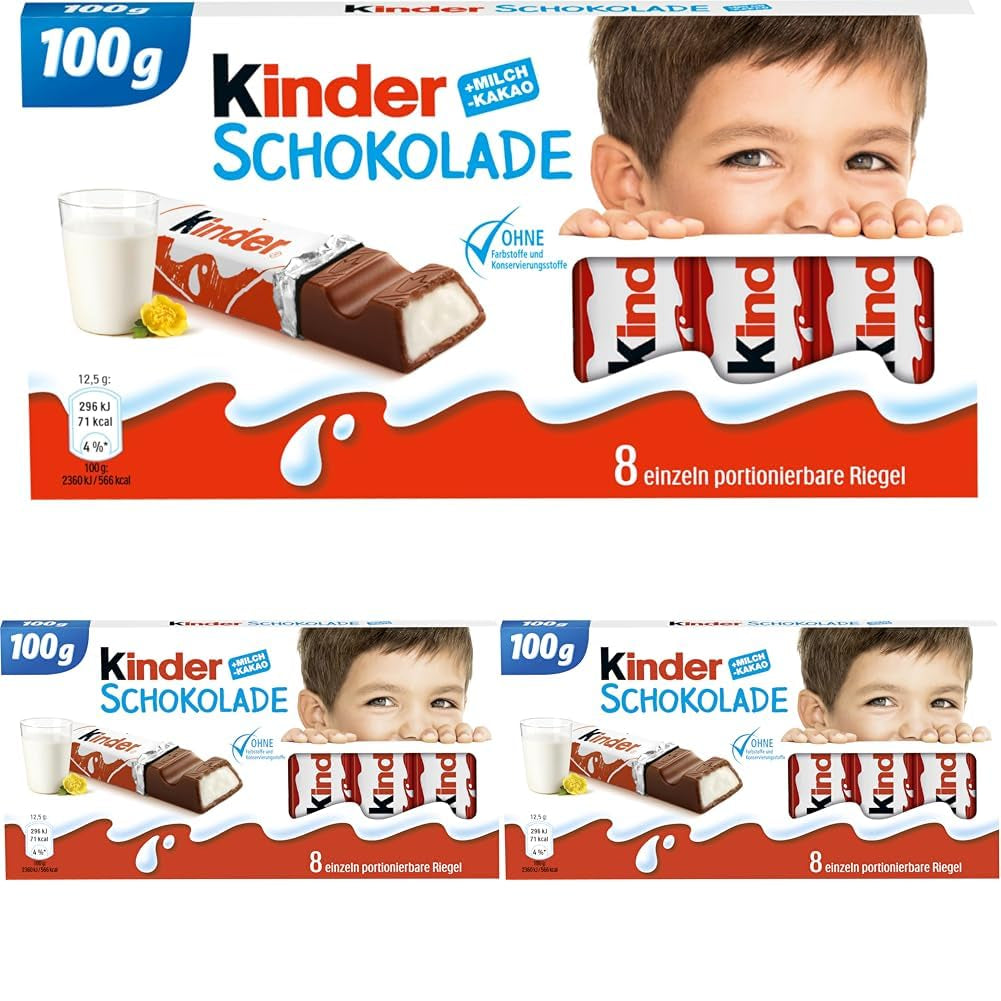 Kinder Chocolate – Batoane de ciocolată din ciocolată cu lapte umplută – 1 pachet conținând 24 de batoane individuale (24 x 12,5 g).