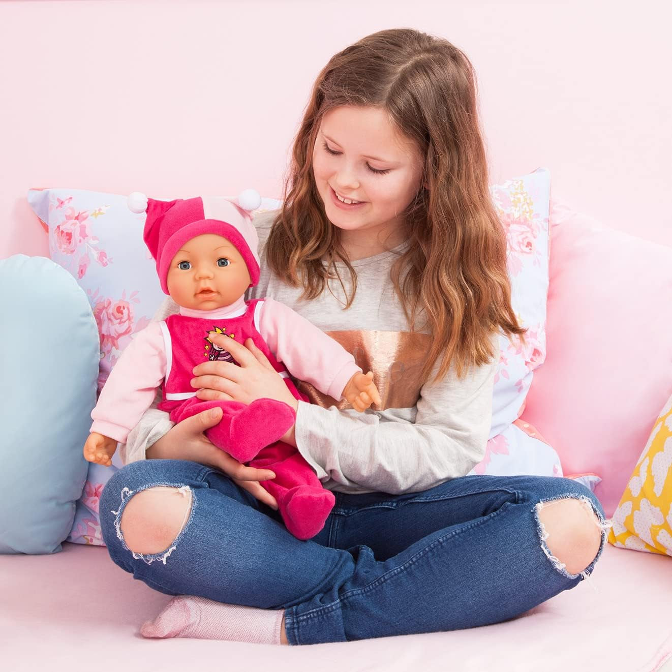 Funktionspuppe Hello Baby mit Geräuschen, bewegt den Mund, interaktive Puppe, Babypuppe, mit Zubehör, 46cm, rosa