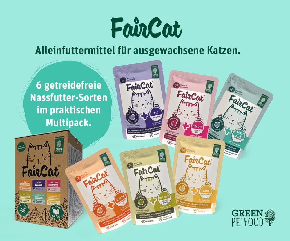 Green Petfood FairCat Multipack (6 x 85 g) | Adult | Premium Nassfutter für ausgewachsene Katzen | 6 verschiedenen leckere Sorten im Multipack | getreidefrei | Katzenfutter nass | 6er Pack