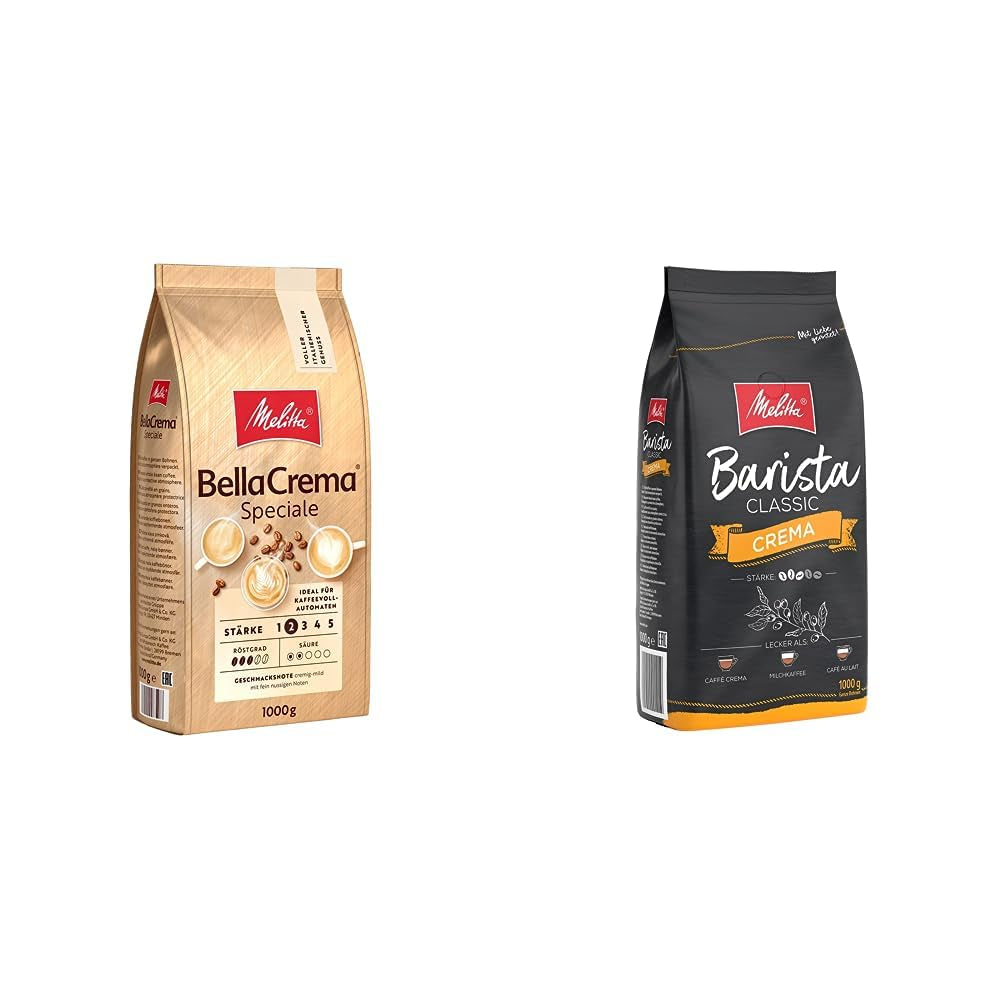 Melitta BellaCrema Speciale Boabe de cafea integrale 1kg, nemăcinate & Barista Classic Crema, Boabe de cafea integrale 1kg, nemăcinate, Boabe de cafea pentru aparate de cafea automate, prăjire medie, tărie 3
