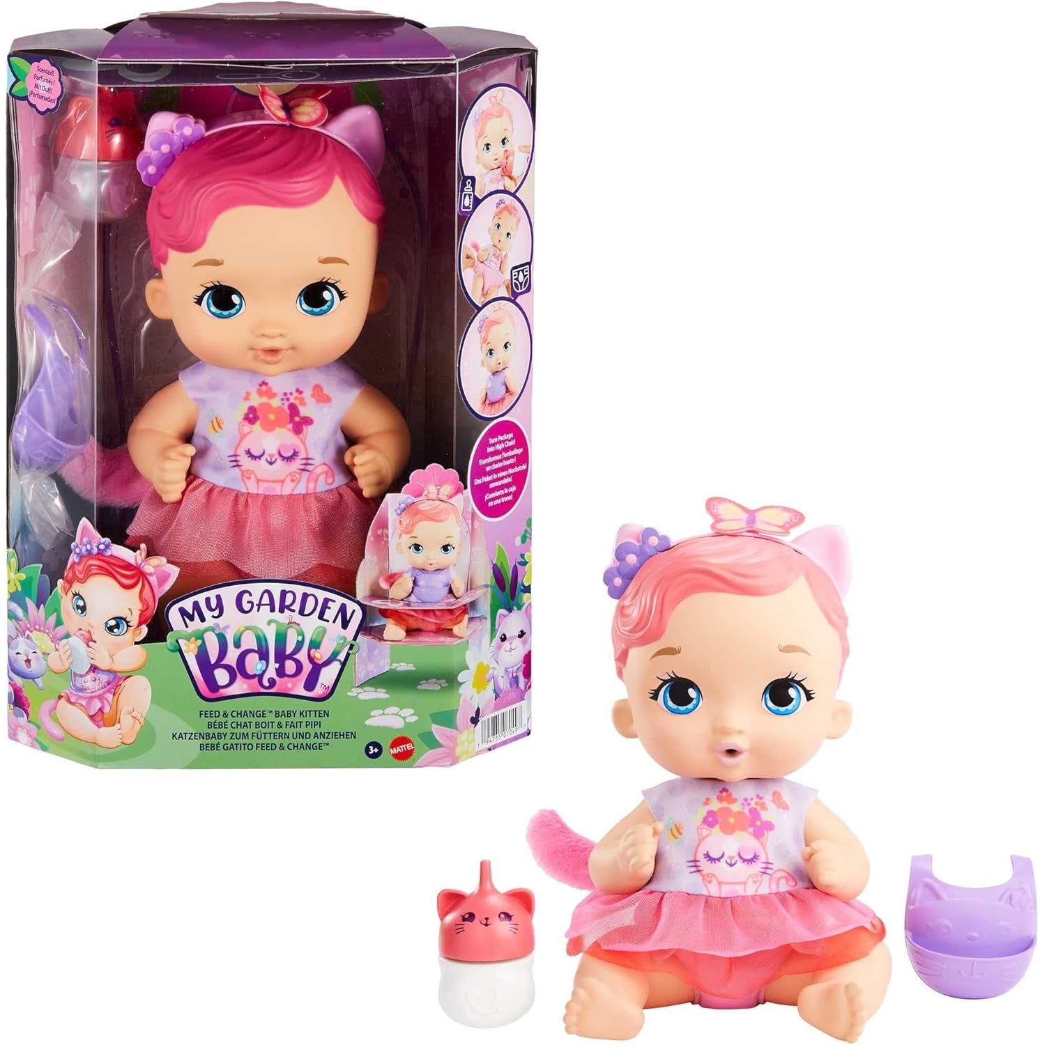 My Garden Baby HHL21 - Katzen-Baby Puppe (pinke Haare) mit Katzenohren und süßem Jasmin-Duft, inklusive Lätzchen, Fläschchen und Stoffwindel, Spielzeug für Kinder - ab 3 Jahren