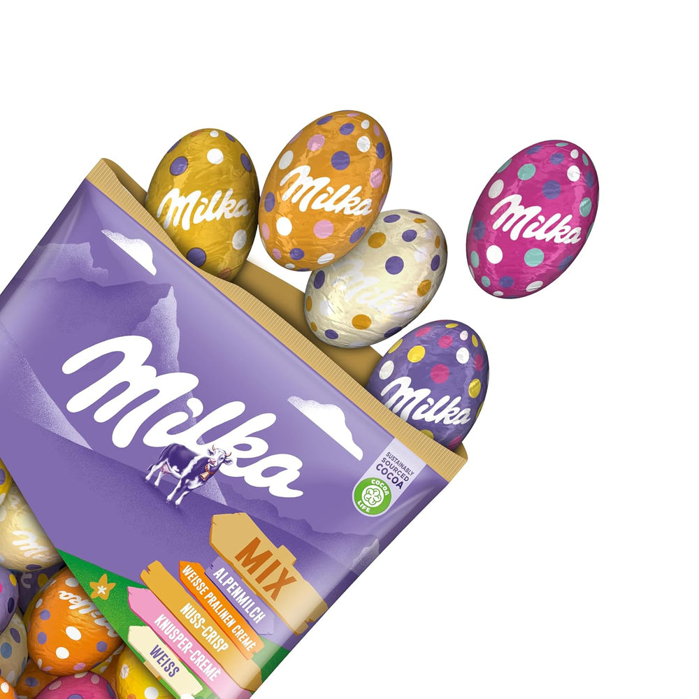 Mix pentru ouă Milka – Mix colorat de ouă de ciocolată umplute pentru Paște, în cinci variante – 350g