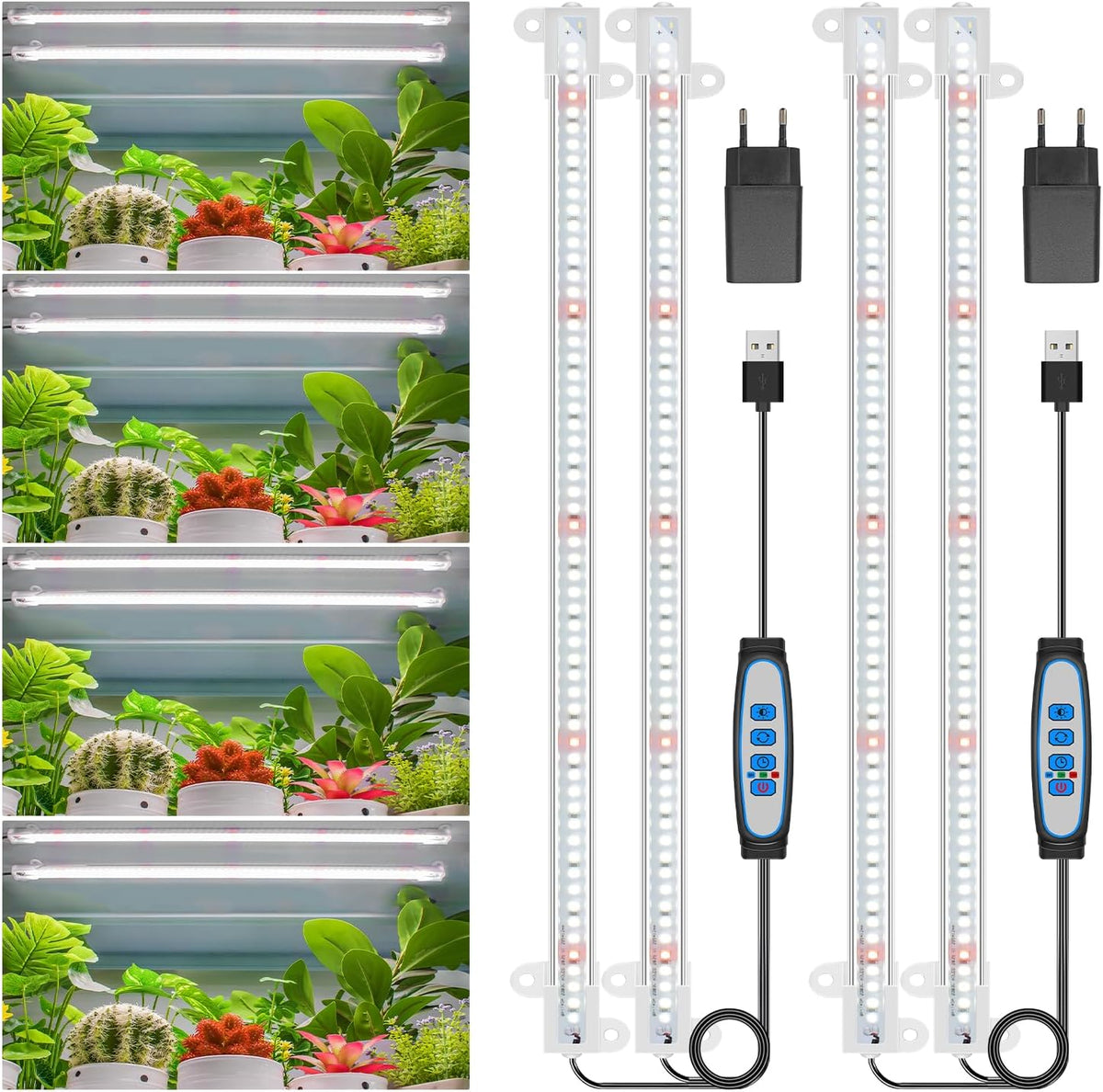 Lampă LED Wiaxulay cu spectru complet pentru plante, 6000K, lumini de creștere cu spectru complet pentru plante de interior cu temporizator de 6/12/16 ore, 5 niveluri reglabile pentru suculente hidroponice, raft pentru plante, 2 bucăți