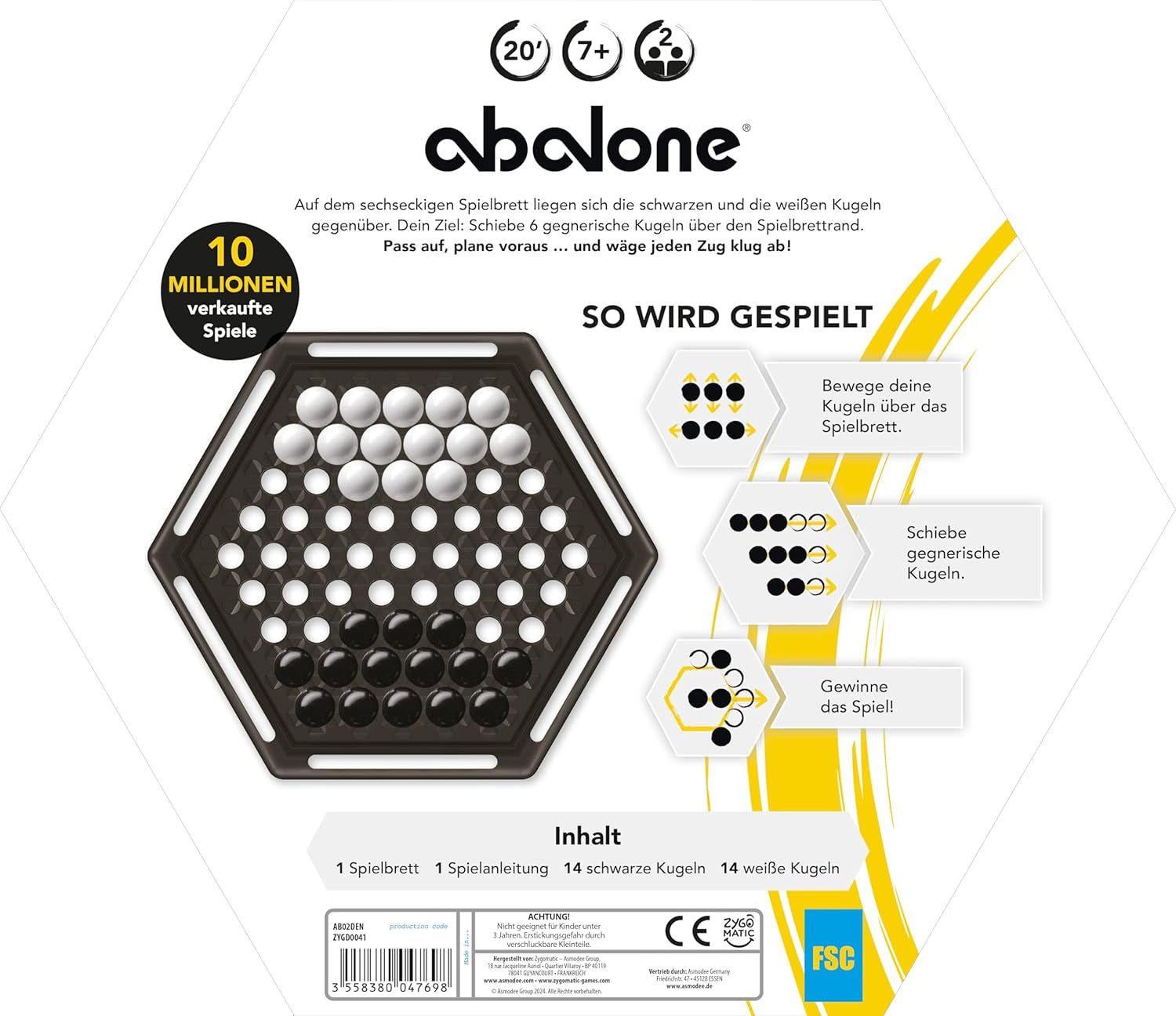 Asmodee, Abalone, Joc de familie, Joc de strategie, 2 jucători, Vârste 7+, 20+ minute, Germană