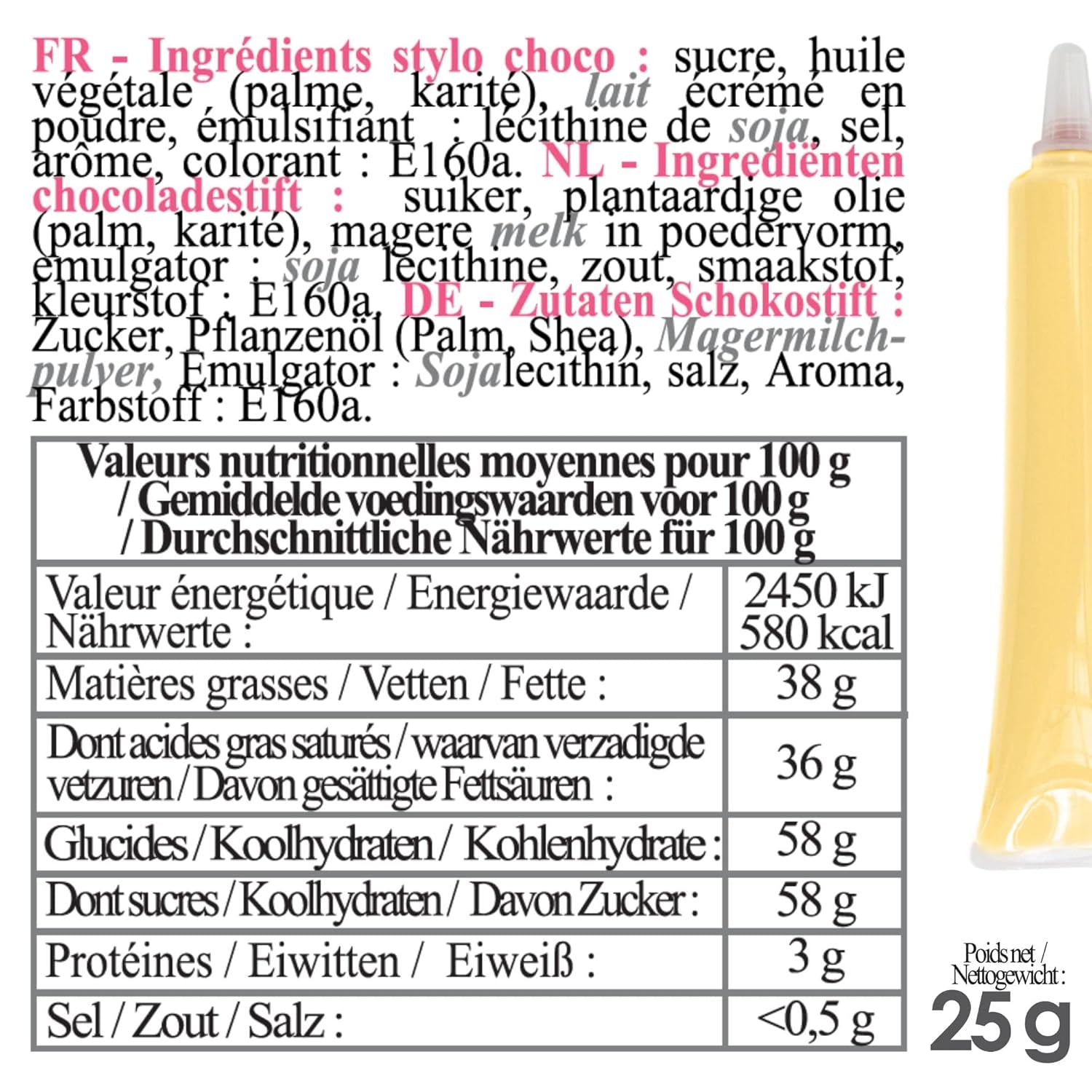 Scrapcooking - Pix Pastel Galben cu Zahăr - Zahăr cu Scriere Galben 25g - Pix Decorativ Comestibil cu Zahăr - Scriere și Desen - Etichetare Fondant, Glazură, Prăjituri - 6804