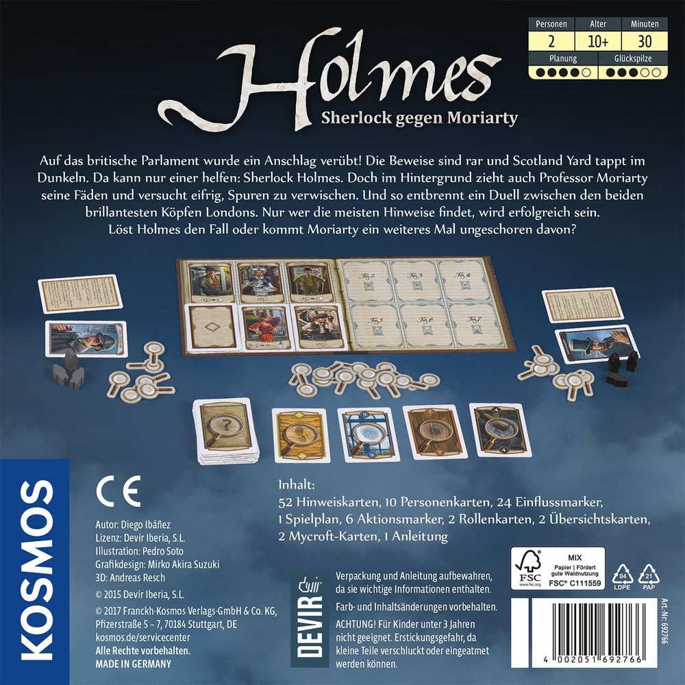 KOSMOS 692766 Holmes - Sherlock vs. Moriarty, Joc pentru doi jucători, Joc Sherlock Holmes, Joc de societate pentru exact 2 jucători cu vârsta de 10 ani și peste, Joc de strategie