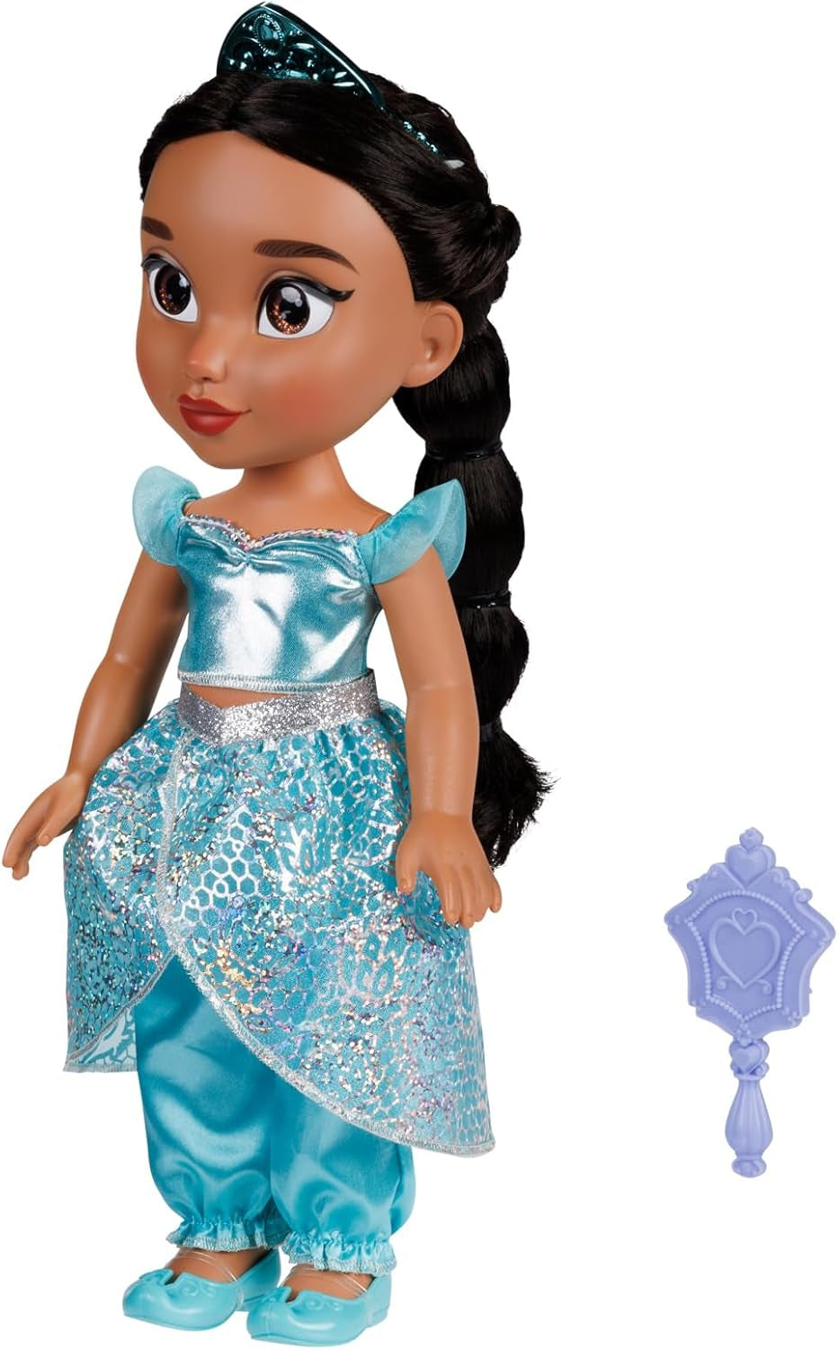 Disney Princess Jasmin Puppe 35cm, reflektierende Glitzeraugen, bewegliche Gelenke, ausziehbares Outfit, Schuhe, Krone, langes geflochtenes Haar, für Mädchen ab 3 Jahren