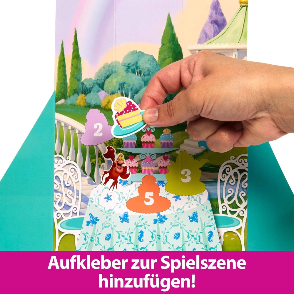 Set de păpușă la modă Mattel Disney Princess Ariel, Spin & Reveal, cu 11 surprize, inclusiv 5 accesorii, 5 stickere și o scenă de joacă, inspirată de filmul HTV88