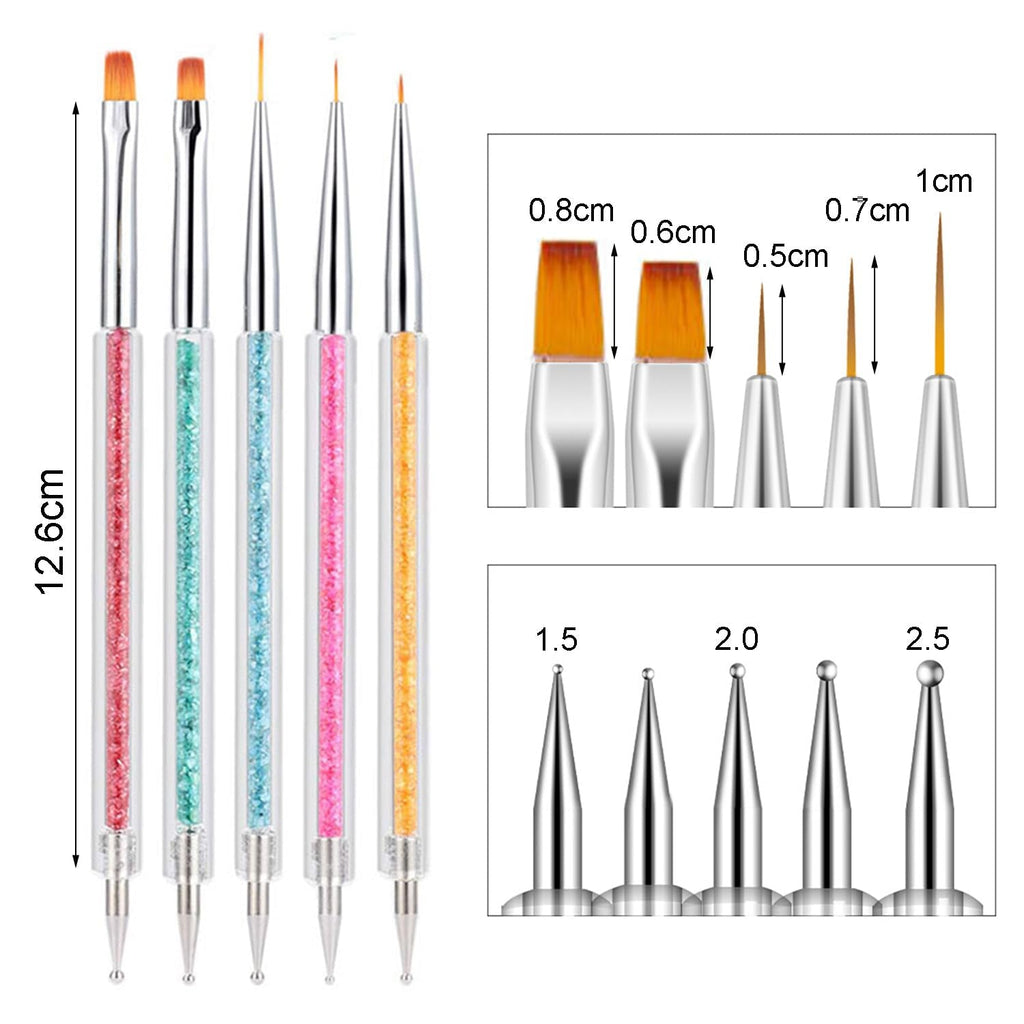 6 Stück Nagel Pinsel Set, Doppel-Ende Nageldesign Pinsel, Acryl Nail Art Pinsel Set Nail Art Liner Pinsel Dotting Tool Für DIY Nail Art Design (Mit 1 Schwammbürste)
