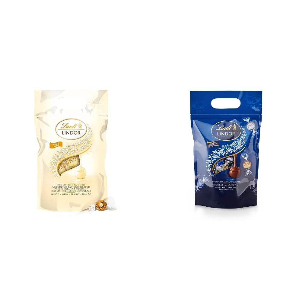 Bile de ciocolată albă LINDOR, 1 kg și LINDOR | pungă resigilabilă de 1 kg | aprox. 80 de bile de ciocolată cu lapte și mentă cu umplutură | Pachet vrac, cadou pralină, cadou ciocolată