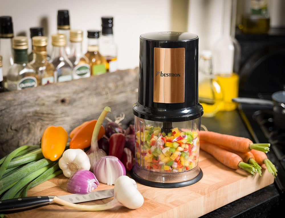 Bestron Elektrischer Multi-Zerkleinerer, Universalzerkleinerer Mit Zwei Schneidemessern & 500Ml Kapazität, Große Pulstaste, 400 Watt, Farbe: Kupfer Bucatarie Naty Shop