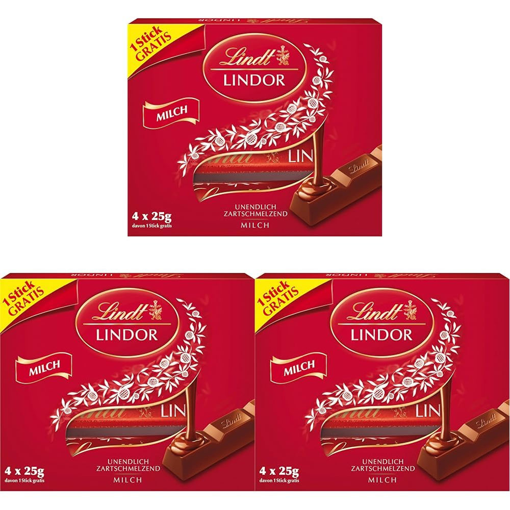 Lindt Chocolate | Bețișoare de ciocolată cu lapte LINDOR, Ofertă promoțională | 100g | 4 bețișoare de ciocolată cu lapte LINDOR cu umplutură care se topește în gură | Bețișoare de ciocolată (Pachet de 3)