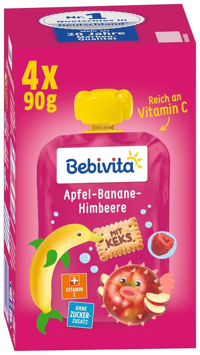 Kids fun fructe și cereale, integrale în mere-banane, pachet de 4 ( 4 X 90 grame ) Mama si Copilul Naty Shop Măr-banană- zmeură cu biscuiți