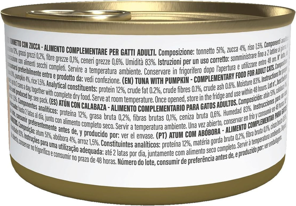 Ton cu dovleac în bulion, hrană umedă complementară pentru pisici, rețetă originală, 100% naturală, 12 conserve a câte 70g fiecare