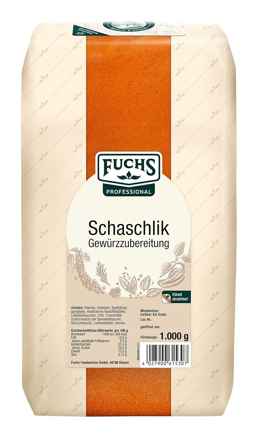 Fuchs Professional - Schaschlik Gewürzmischung | Zum Würzen/Marinieren von gebratenem oder gegrillten Fleisch | Profi-Qualität für Großverbraucher | 1 kg im recyclebaren Beutel