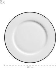 Mäser, seria Nola, serviciu modern de cafea pentru 6 persoane, alb cu margine neagră, set de veselă cu 18 piese, cești de cafea, farfurioare și farfurii de desert - serviciu rotund de cafea, set de cafea, alb