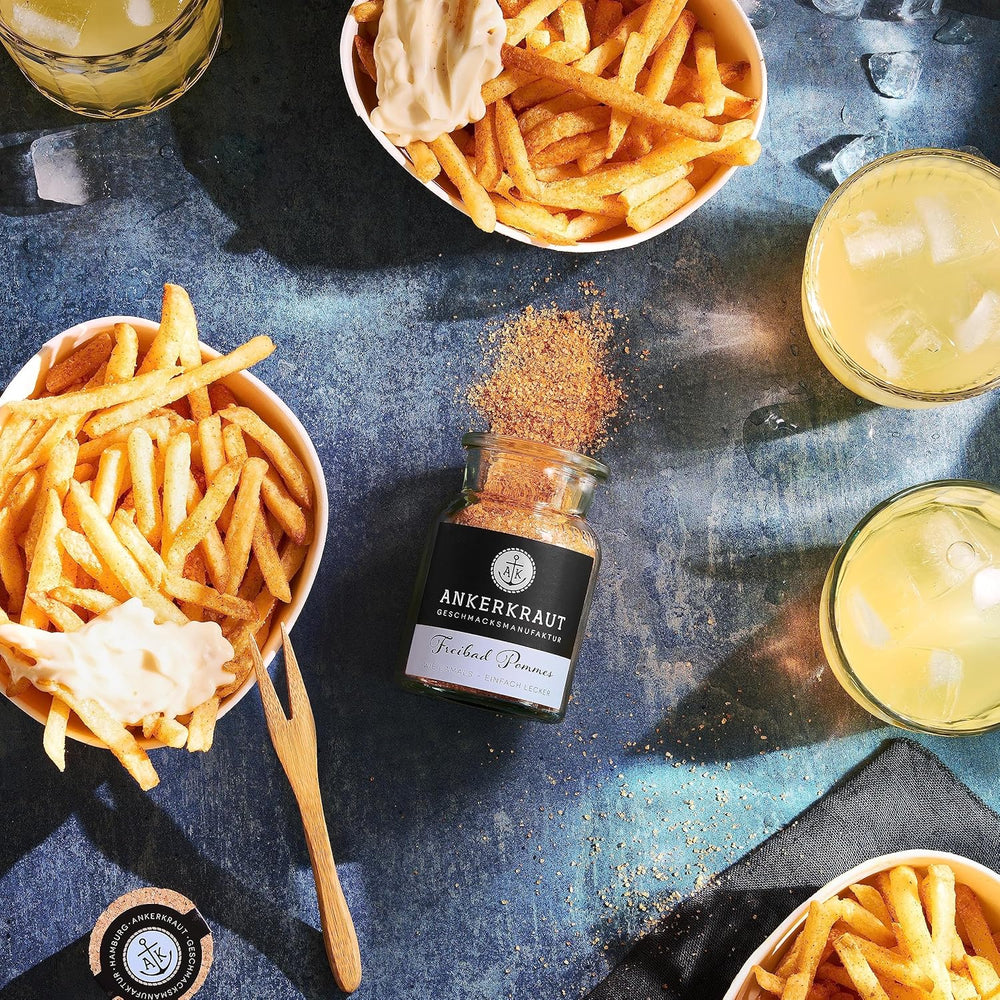 Ankerkraut Freibad Pommes, Mischung würzender Zutaten für Pommes Frites wie vom Freibad-Kiosk, Gewürzsalz, Pommesgenuss zu Hause, 320 g im Streuer