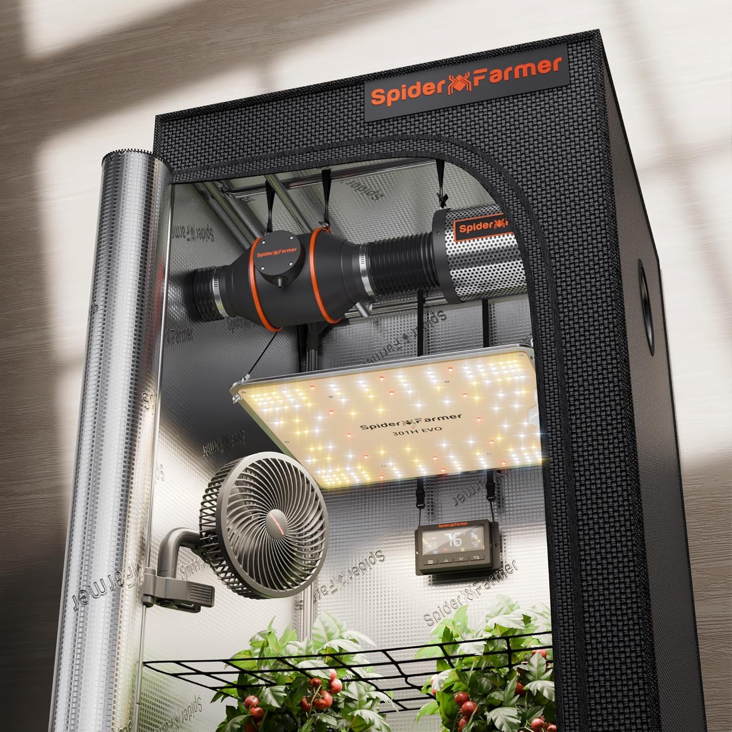 Set complet cort de creștere Spider Farmer SF1000, lampă de creștere LED reglabilă cu spectru complet, diode Samsung LM301H EVO, kit cort de creștere complet 70x70x160cm, set cort de creștere hidroponică, sistem de ventilație