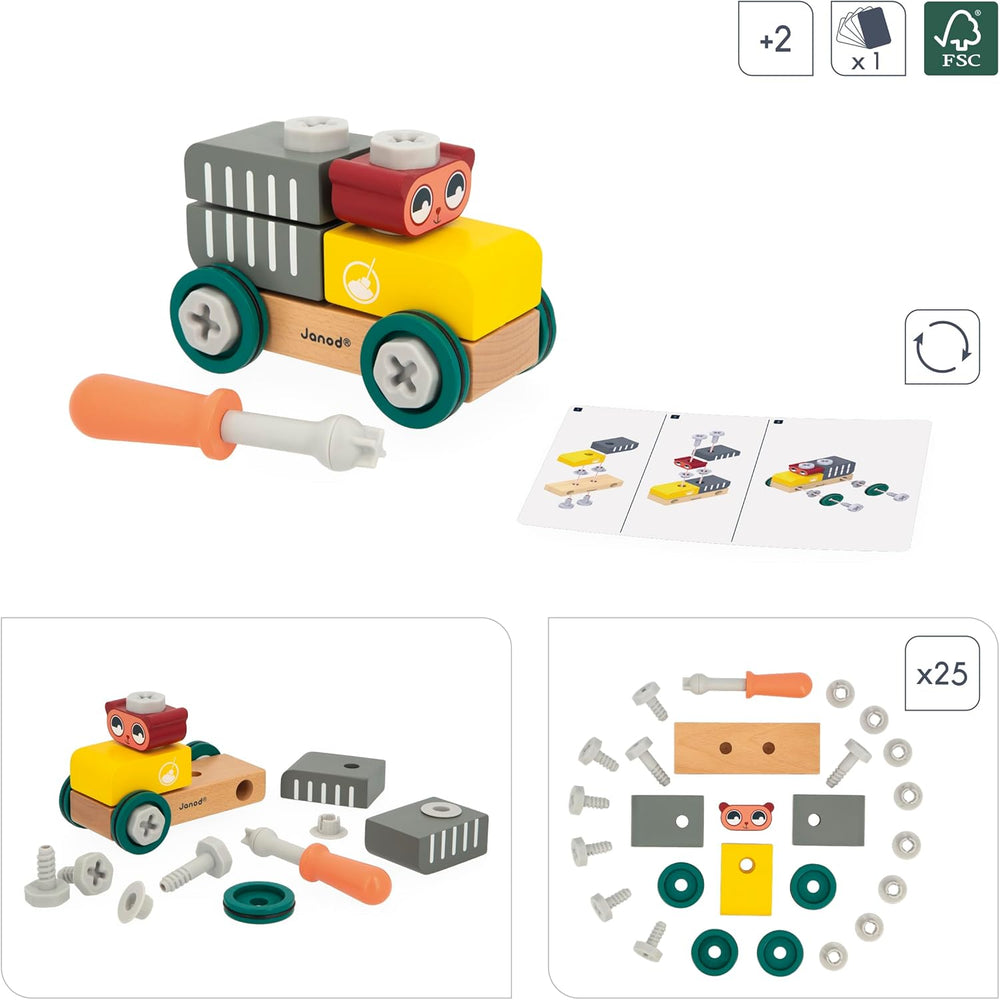 Janod - Mein erstes Konstruktionsspiel - Bären-Bastelauto - 25 Elemente - Rollenspiel - Fördert Geschicklichkeit & Kreativität - Ab 24 Monaten - J06458