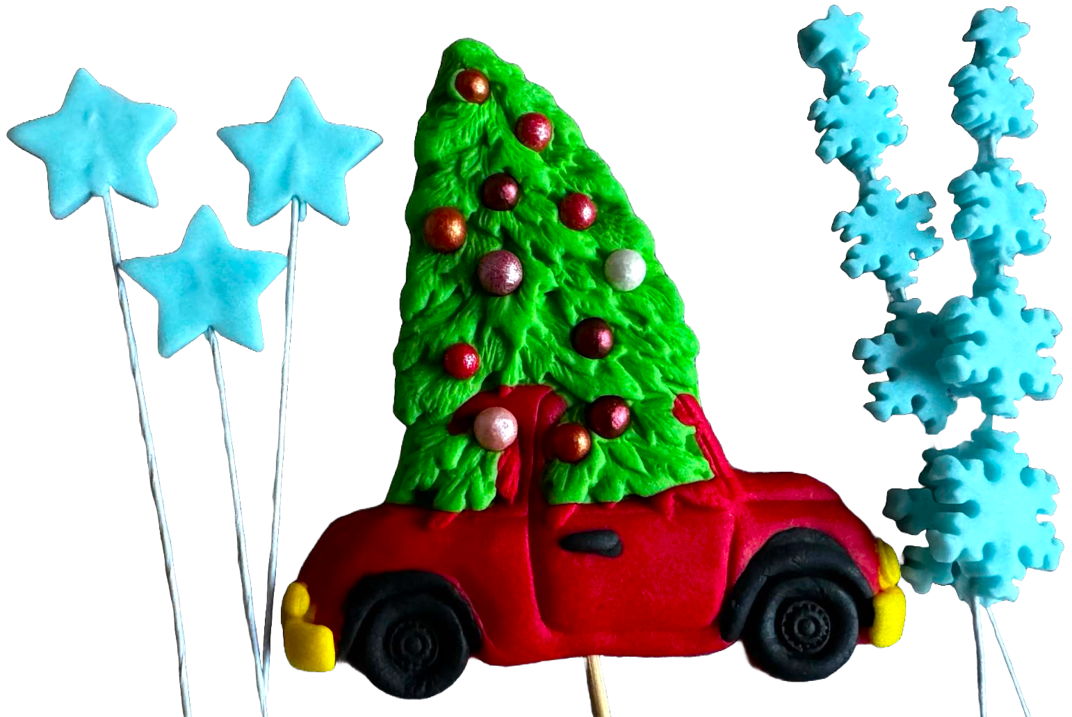 Set 6 decoratiuni comestibile din pasta de zahar, Craciun, masinuta, brad, stelute si fulgi de nea Decoratiuni din Pasta de Zahar Naty Shop