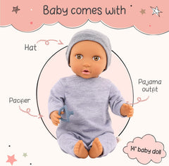 LullaBaby - Baby Puppe - Einteiler & Mütze - 36 cm Realistische Baby-Puppe - Haselnussbraune Augen & weicher Körper - Strampler & Schnuller-Zubehör - Pretend Play Spielzeug - Kinder 2 Jahre +