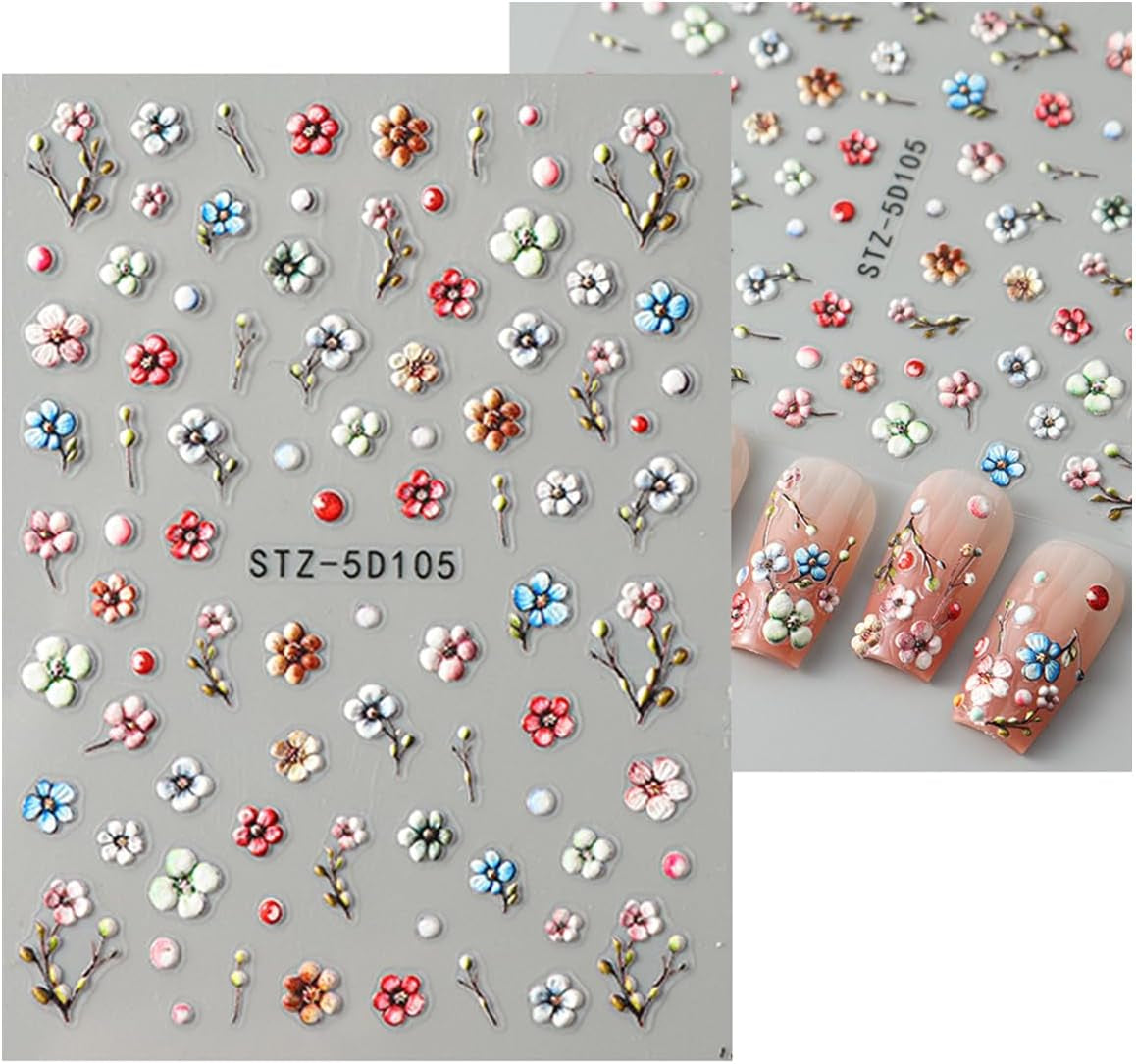 JMEOWIO 3D Nagelsticker Blumen Frucht Nail Art Sticker Selbstklebend Nagelaufkleber 5D Stereoskopisch Dekoration Nageldesign Zubehör 4 Blatt