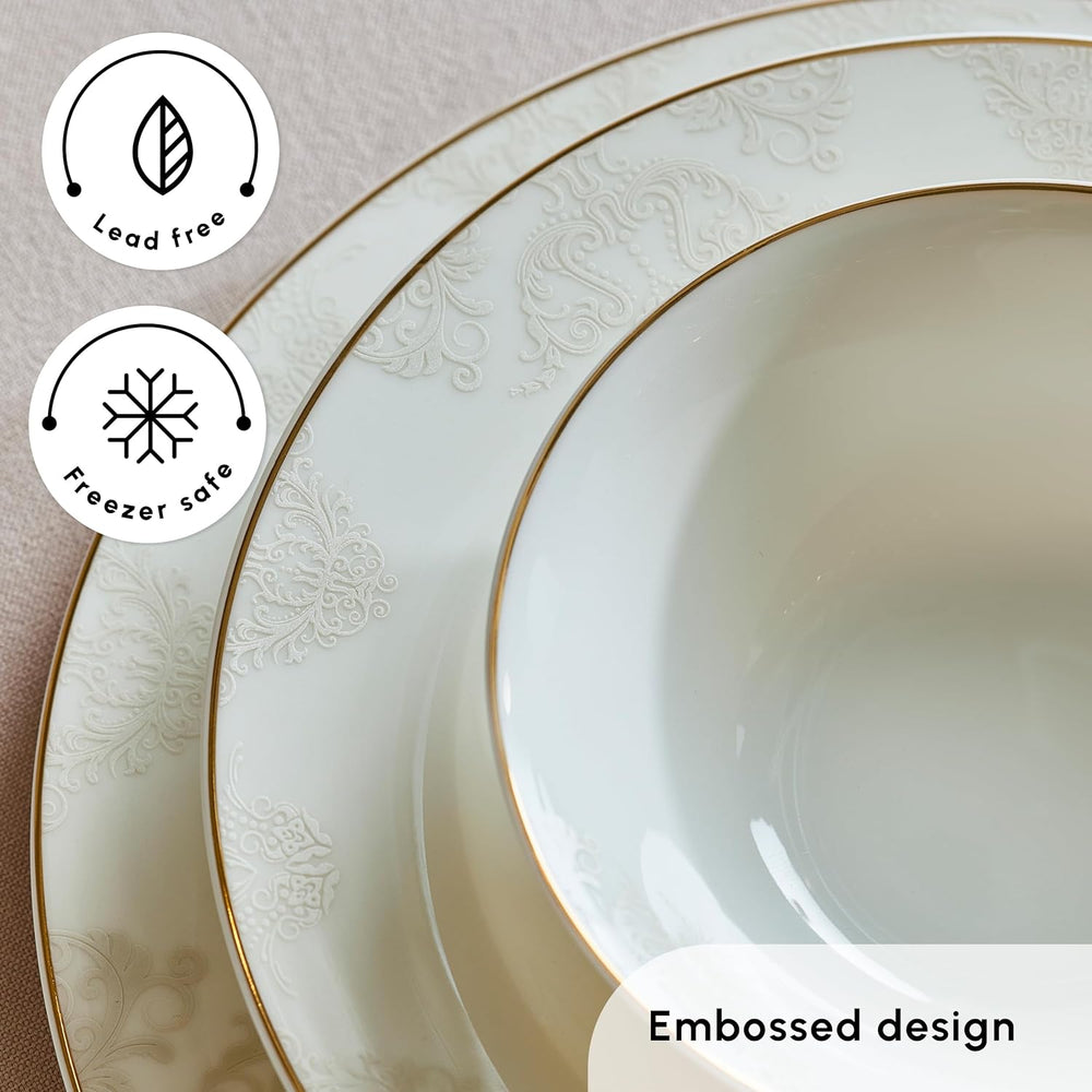 Karaca Elegance Bone Siena - set de veselă pentru 12 persoane, set modern de farfurii din porțelan, set de veselă cu boluri pentru supă, platou de servire, farfurii adânci, farfurii pentru desert - alb și auriu