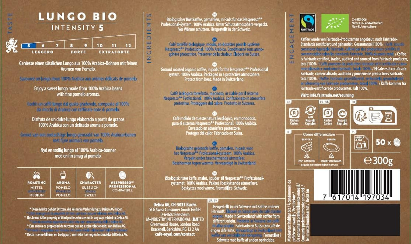 Café Royal Professional Pads, Bio Lungo, 50 Nespresso (R) Professional kompatible Pads für Office und Gastronomie, Bio und Fairtrade zertifiziert, 100 Prozent Arabica, Intensität 5