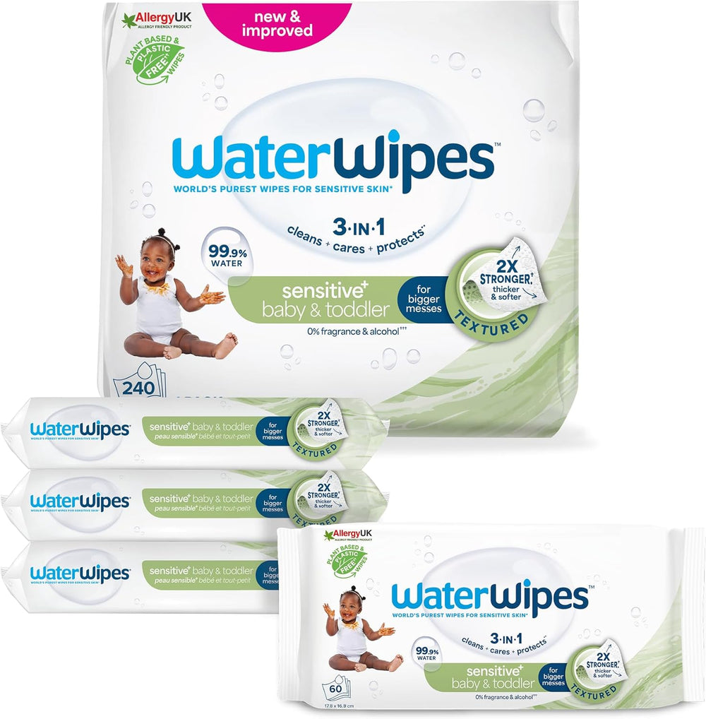 Șervețele umede WaterWipes Sensitive+ pentru bebeluși și copii mici, 720 bucăți (12 pachete), curățare 3 în 1, îngrijire, protecție, 99,9% apă, curățare texturată, fără parfum