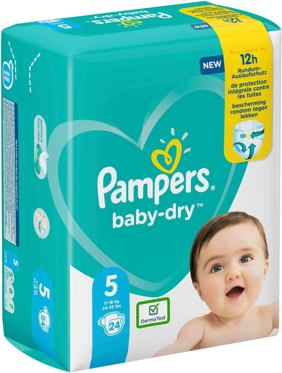Scutece Pampers pentru bebeluși mărimea 5 (11-16 kg), 24 de bucăți, până la 12 ore de protecție împotriva scurgerilor