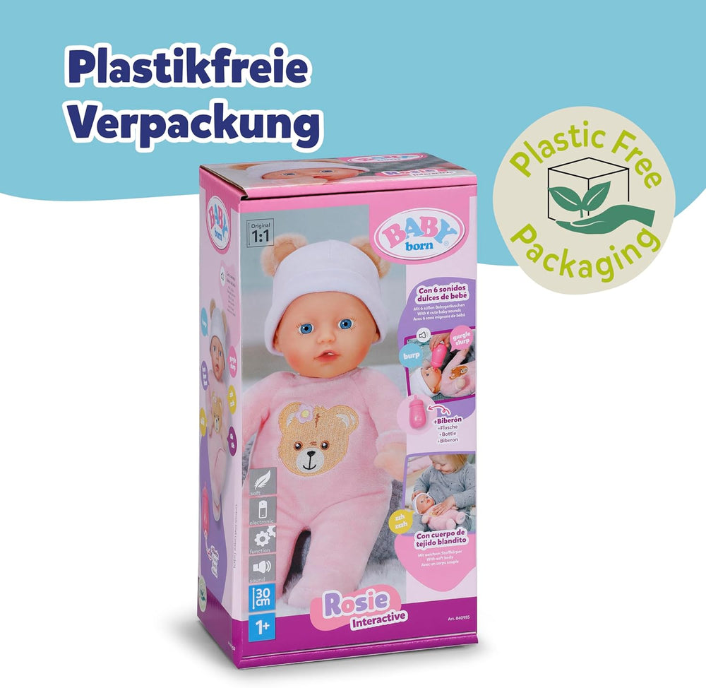 Păpușă moale Baby Born Rosie 30 cm cu 6 sunete și biberon, roz