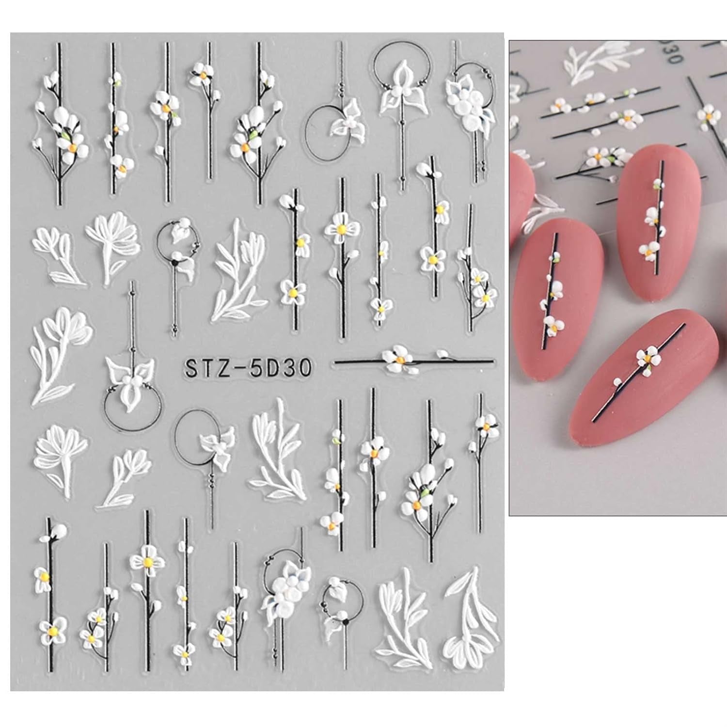 JMEOWIO 3D Nagelsticker Frühling Blume Nail Art Sticker Selbstklebend Nagelaufkleber 5D Stereoskopisch Blumen Dekoration Nageldesign Zubehör 4 Blatt
