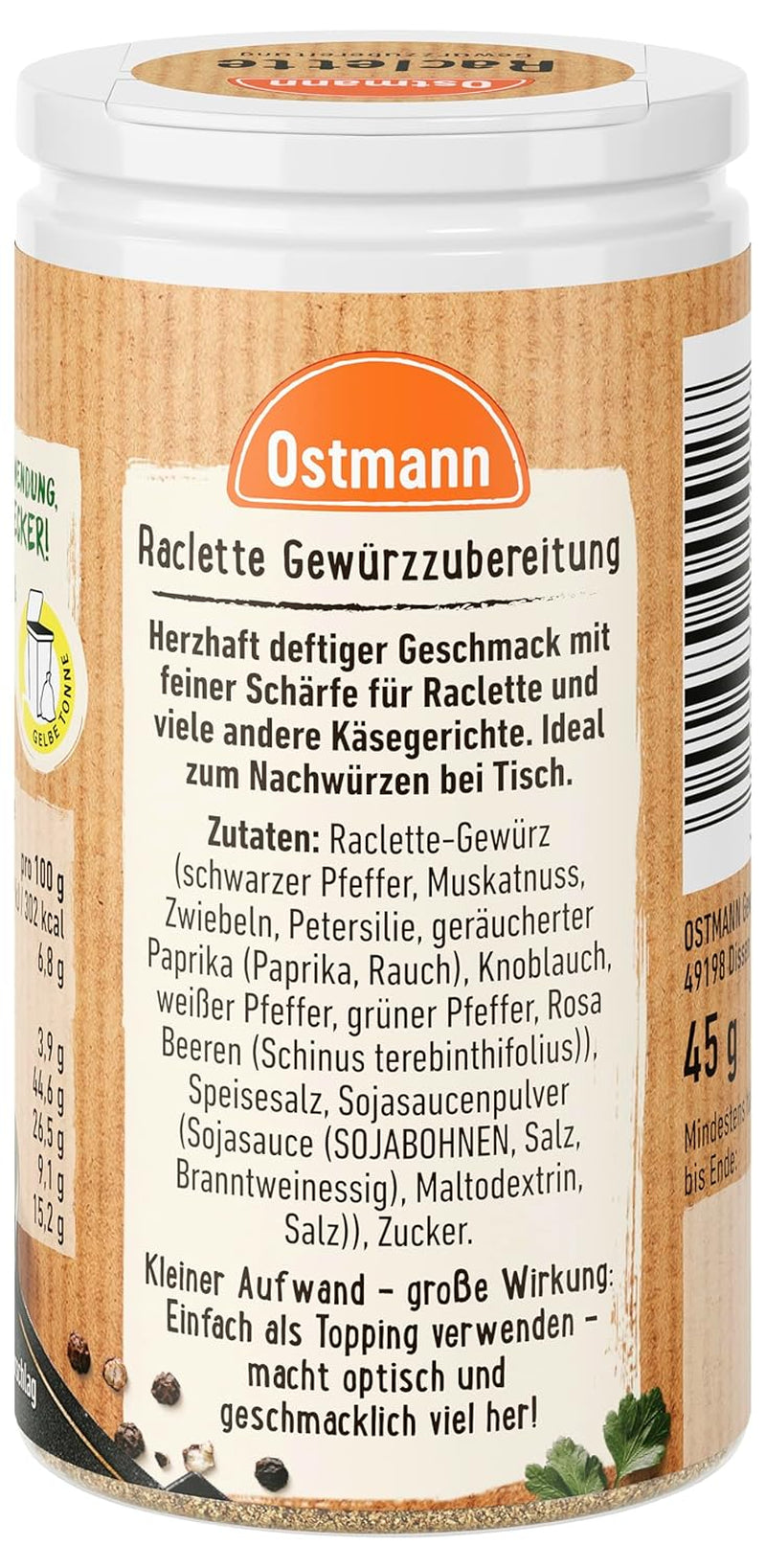 Ostmann Gewürze - Raclette Gewürzzubereitung | Zum Würzen von Käsegerichten | Recyclebare, nachfüllbare Streudose | 45 g im Streuer
