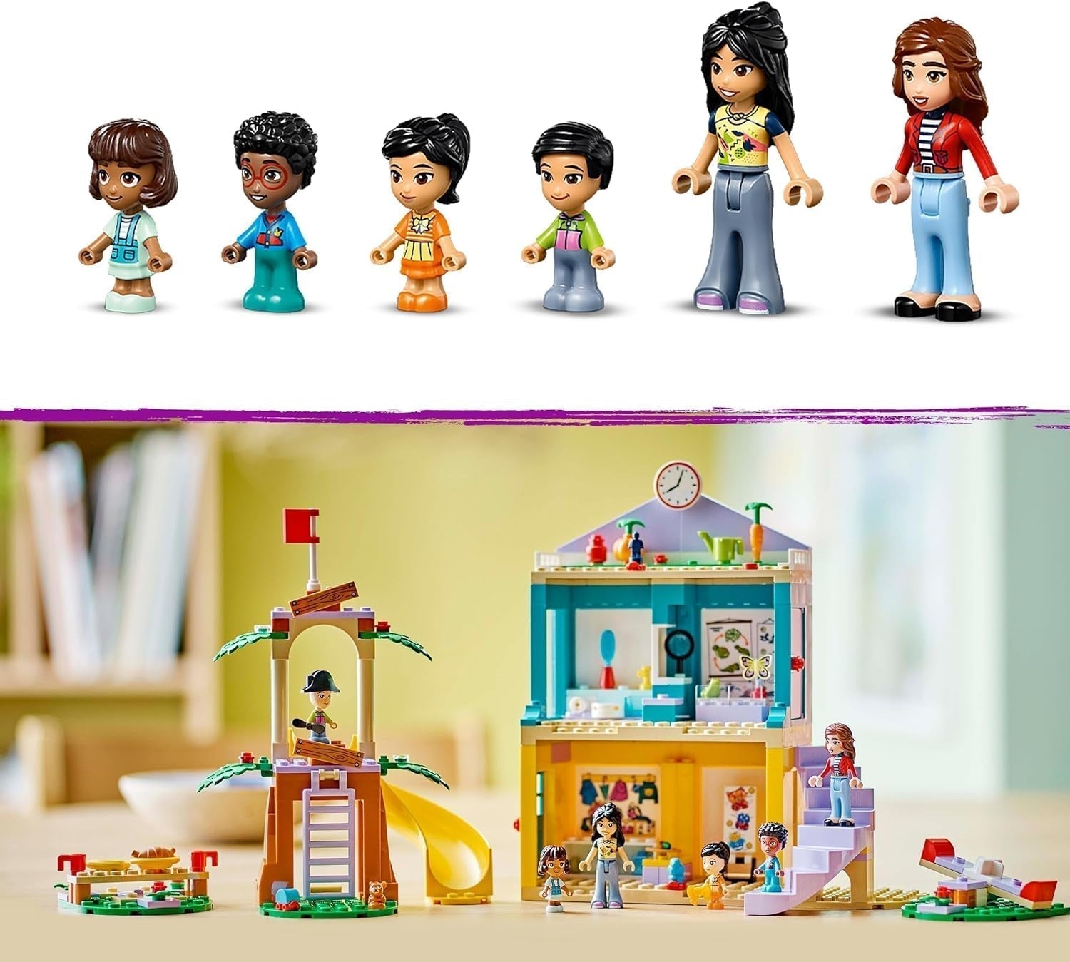 LEGO Friends Heartlake City Kindergarten, set de joacă pentru fete și băieți de la 4 ani, joc de rol creativ cu 2 figurine și 4 micro figurine, jucărie pentru dezvoltare socială 42636 Seturi de constructie Besuche den LEGO-Store