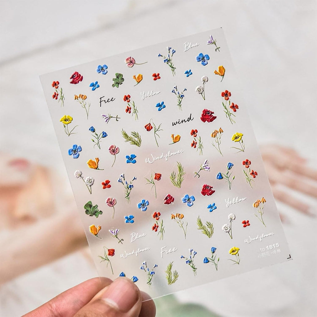 JMEOWIO 3D Nagelsticker Bunte Blumen Nail Art Sticker Selbstklebend Nagelaufkleber 5D Stereoskopisch Frühlings Sommer Blumen Dekoration Nageldesign Zubehör 2 Blatt